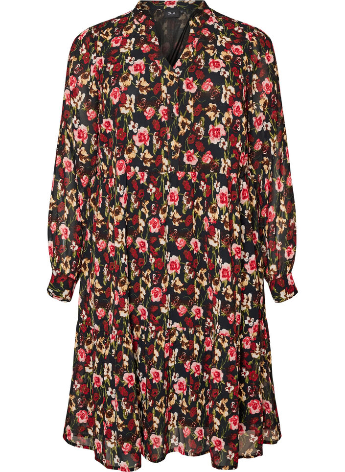Dress with all-over print and a ruffle layer, Black, Packshot image number 0
