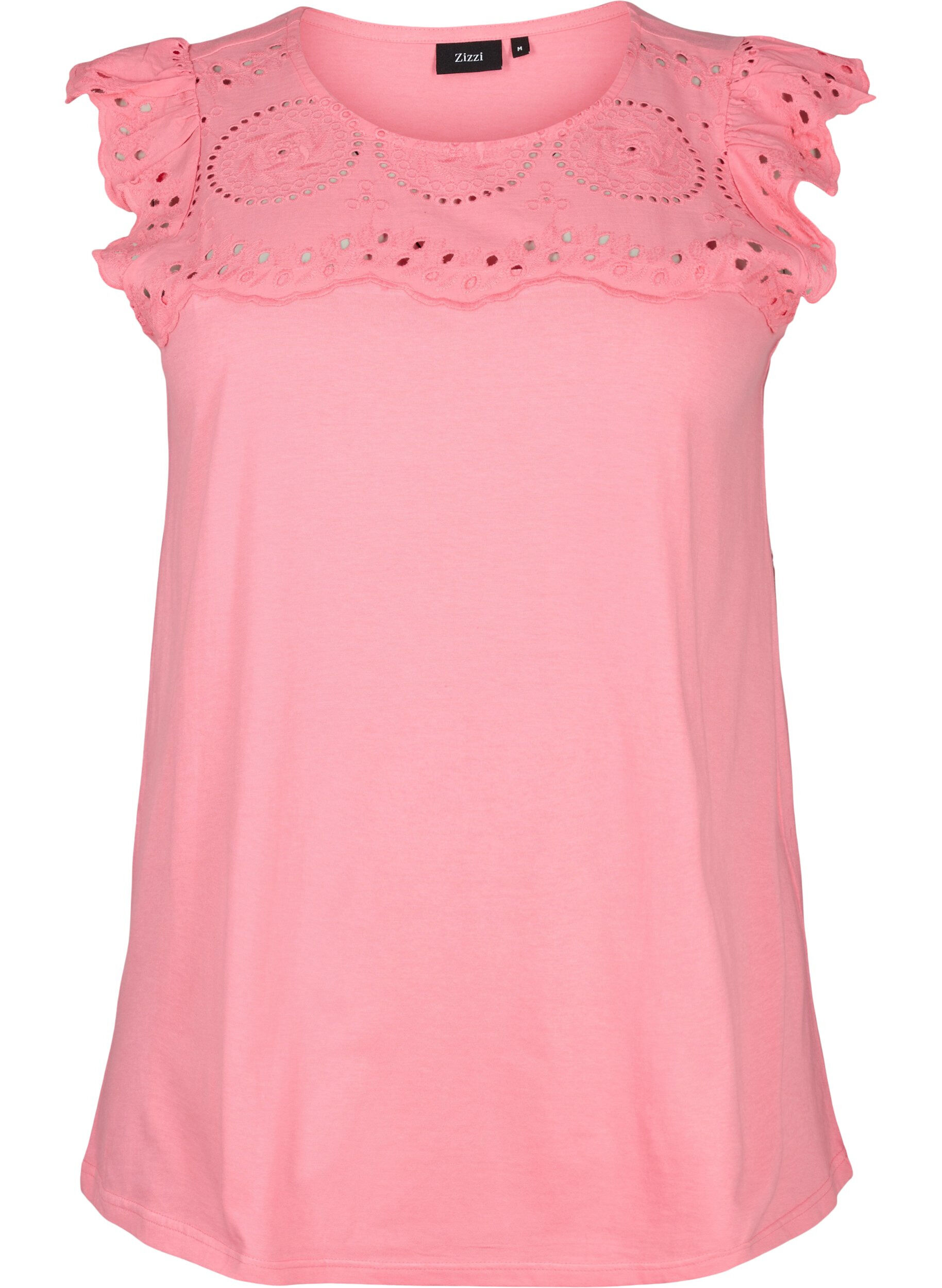 Zizzifashion Organic cotton T-shirt with broderie anglaise, Strawberry Pink , Packshot image number 0