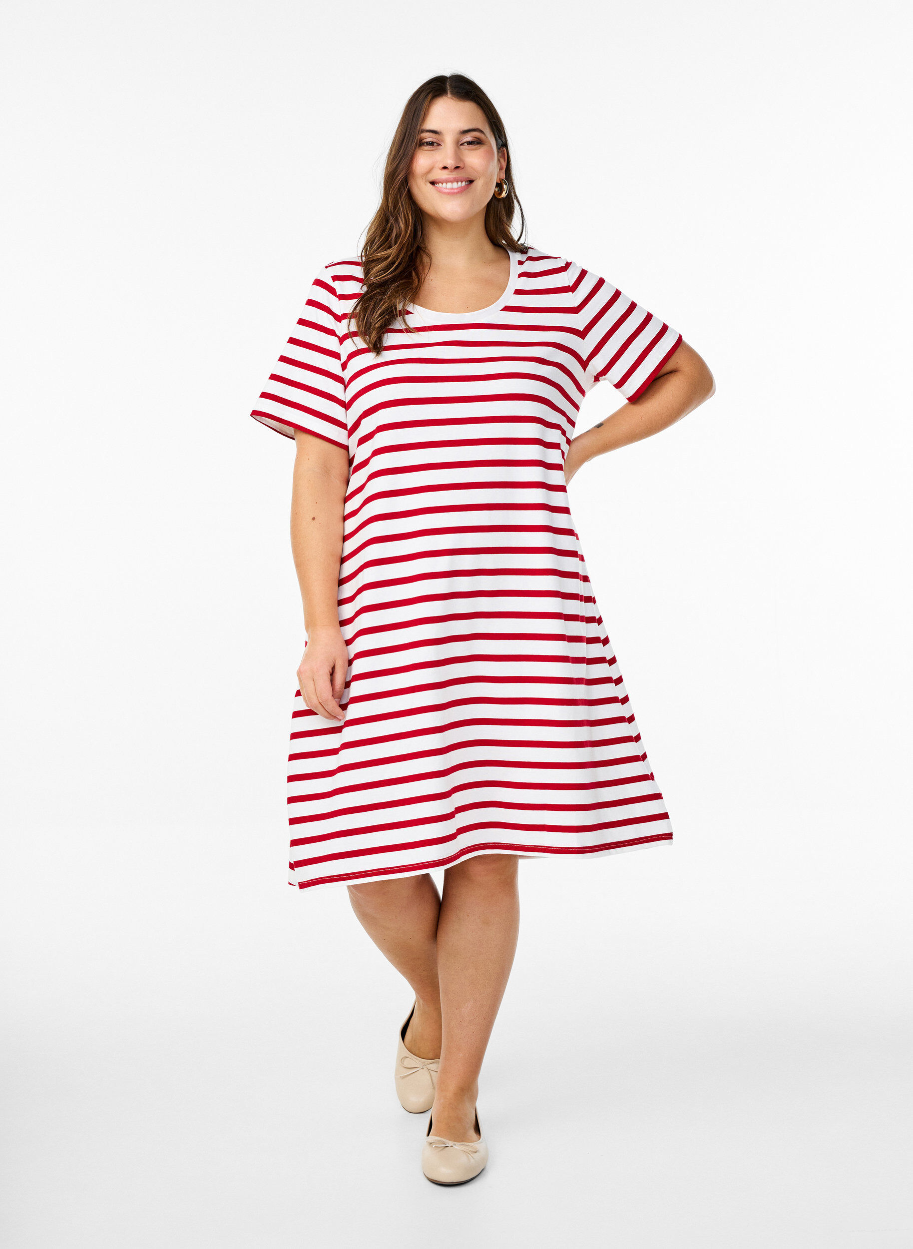 Zizzifashion Striped jersey dress with short sleeves, Red, Model image number 0
