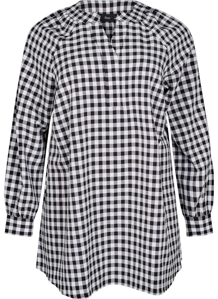 Checked tunic with V-neck, Black/W. Gingham, Packshot image number 0