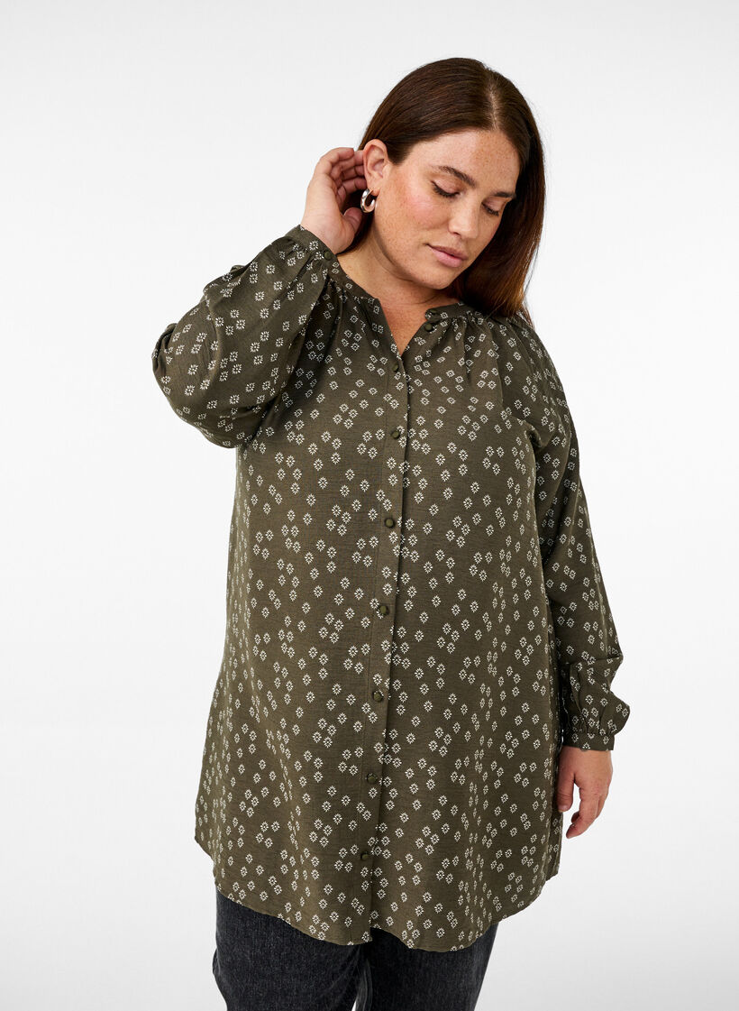 Long-sleeved tunic with floral print, Green, Model image number 0