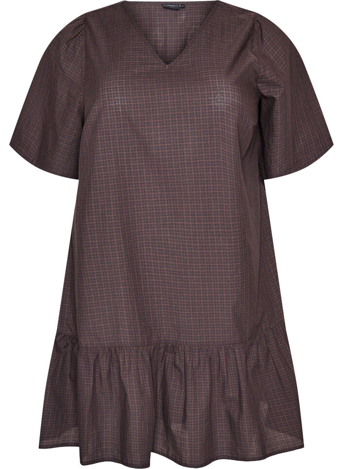 Short checked dress with ruffle hem, Brown, Packshot image number 0