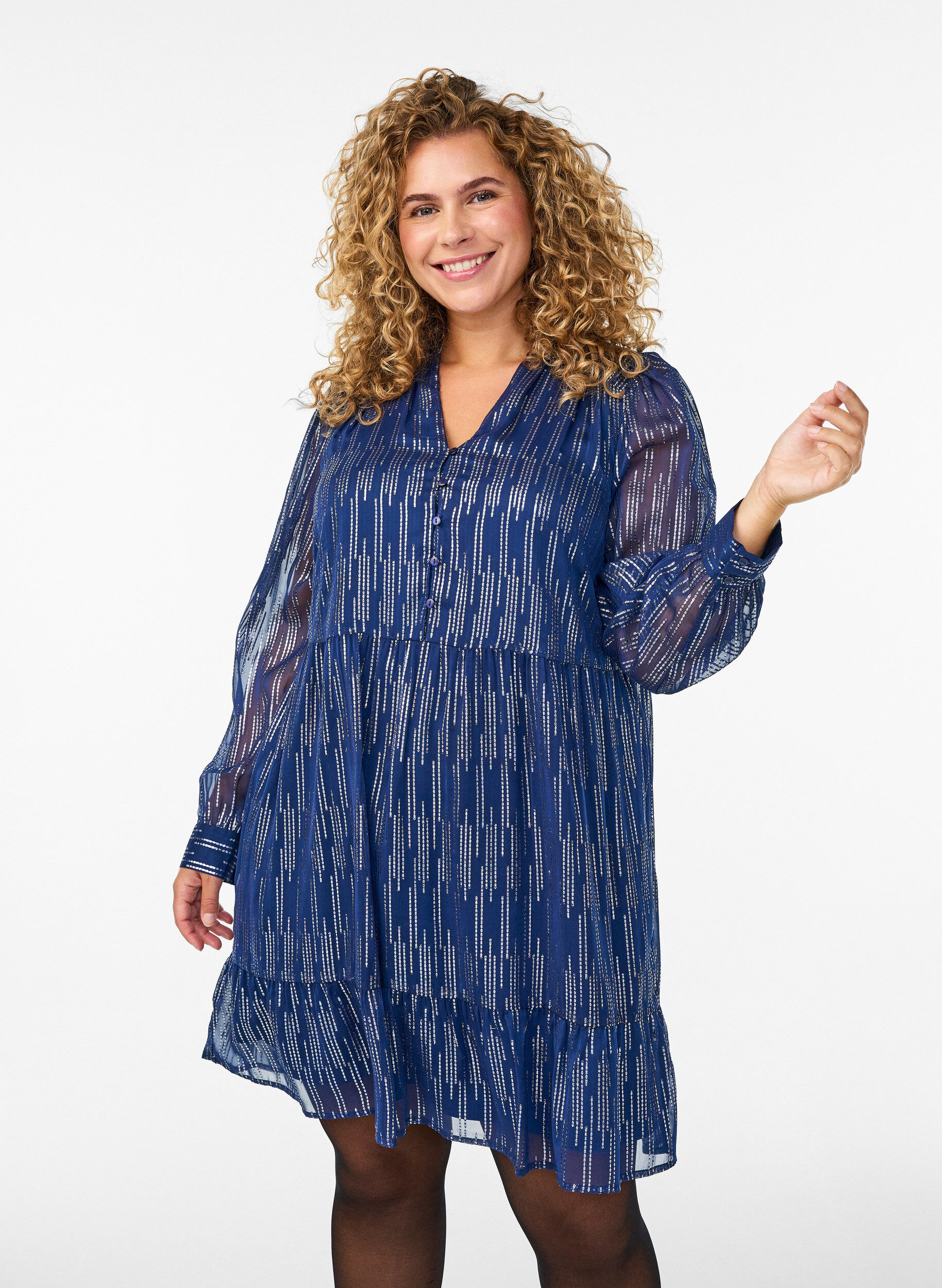 Short party dress with glitter pattern, Blue, Model