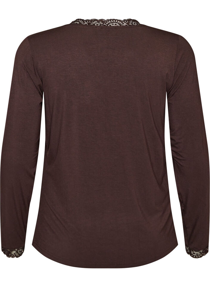 Viscose blouse with lace trim and V-neck, Brown, Packshot image number 1