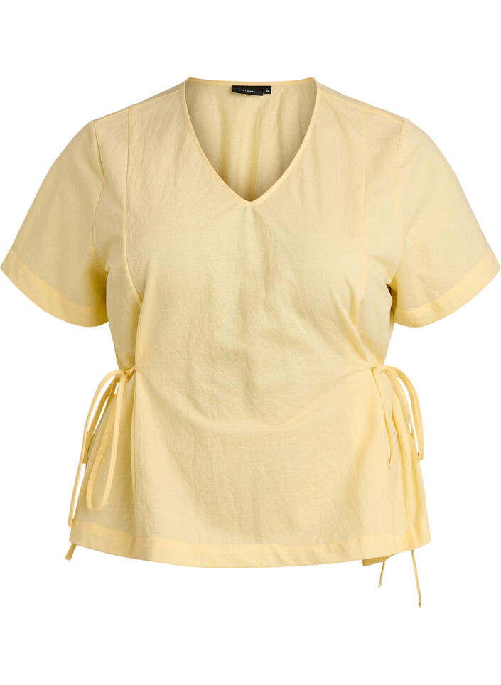 Blouse in a cotton blend with a V-neck and tie-string, Yellow, Packshot image number 0