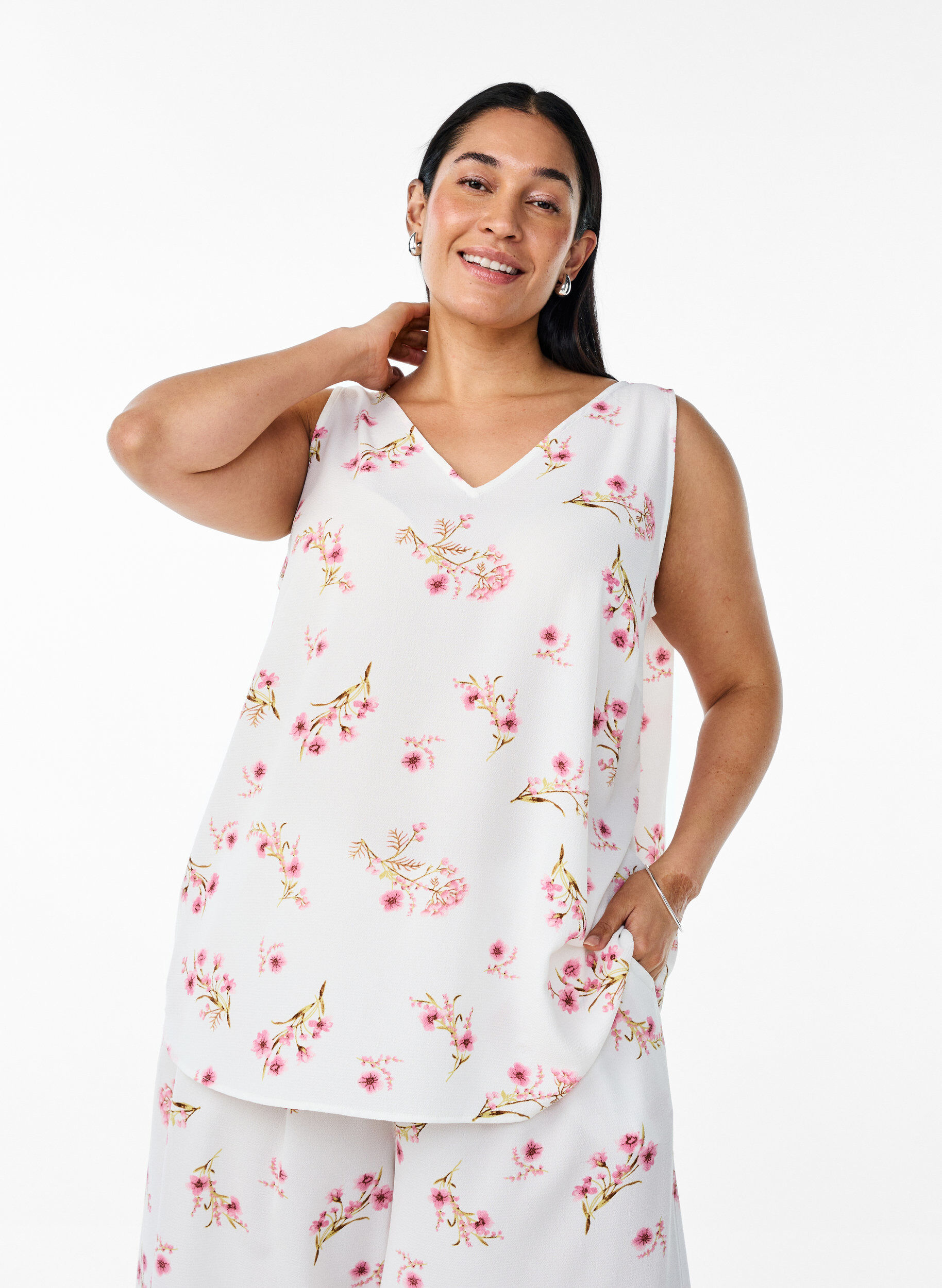 Zizzifashion Printed top with v-neck, White, Model image number 0