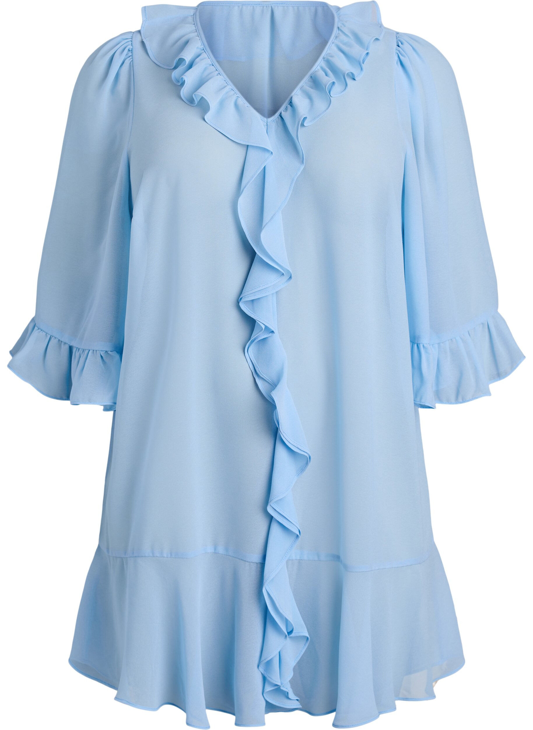 Zizzifashion Tunic with ruffles and 3/4 sleeves, Light Blue, Packshot image number 0