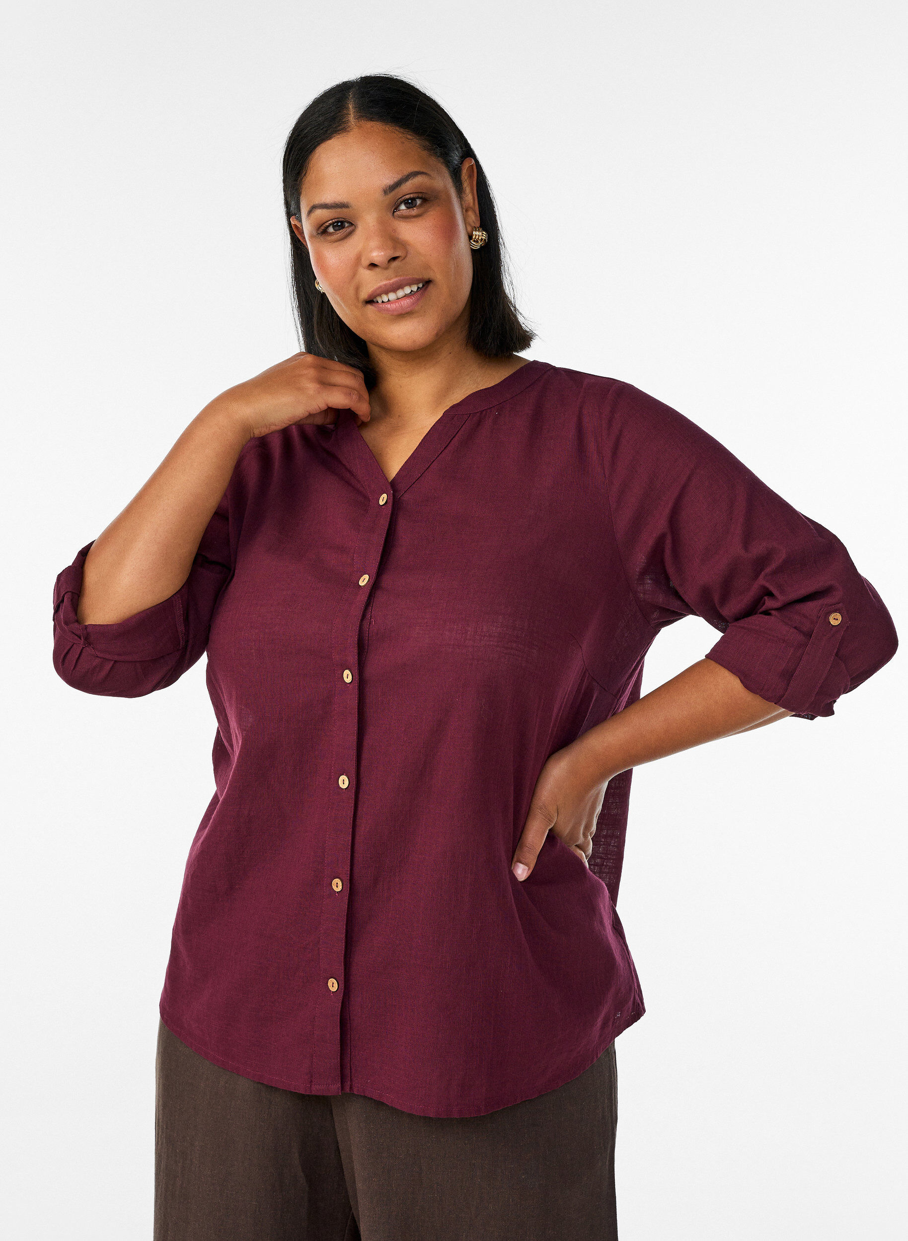 ZizzifashionCotton shirt blouse with a v-neck, Red, Model image number 0