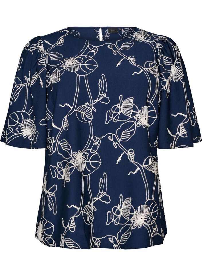 Short-sleeved blouse with embroidered pattern, Blue, Packshot image number 0