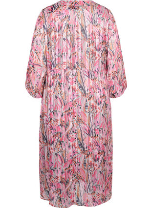 Printed midi dress with v-neck and 3/4 sleeves, Pink Feather, Packshot image number 1