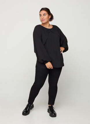 Blouse with balloon sleeves and smocking, Black, Model image number 2