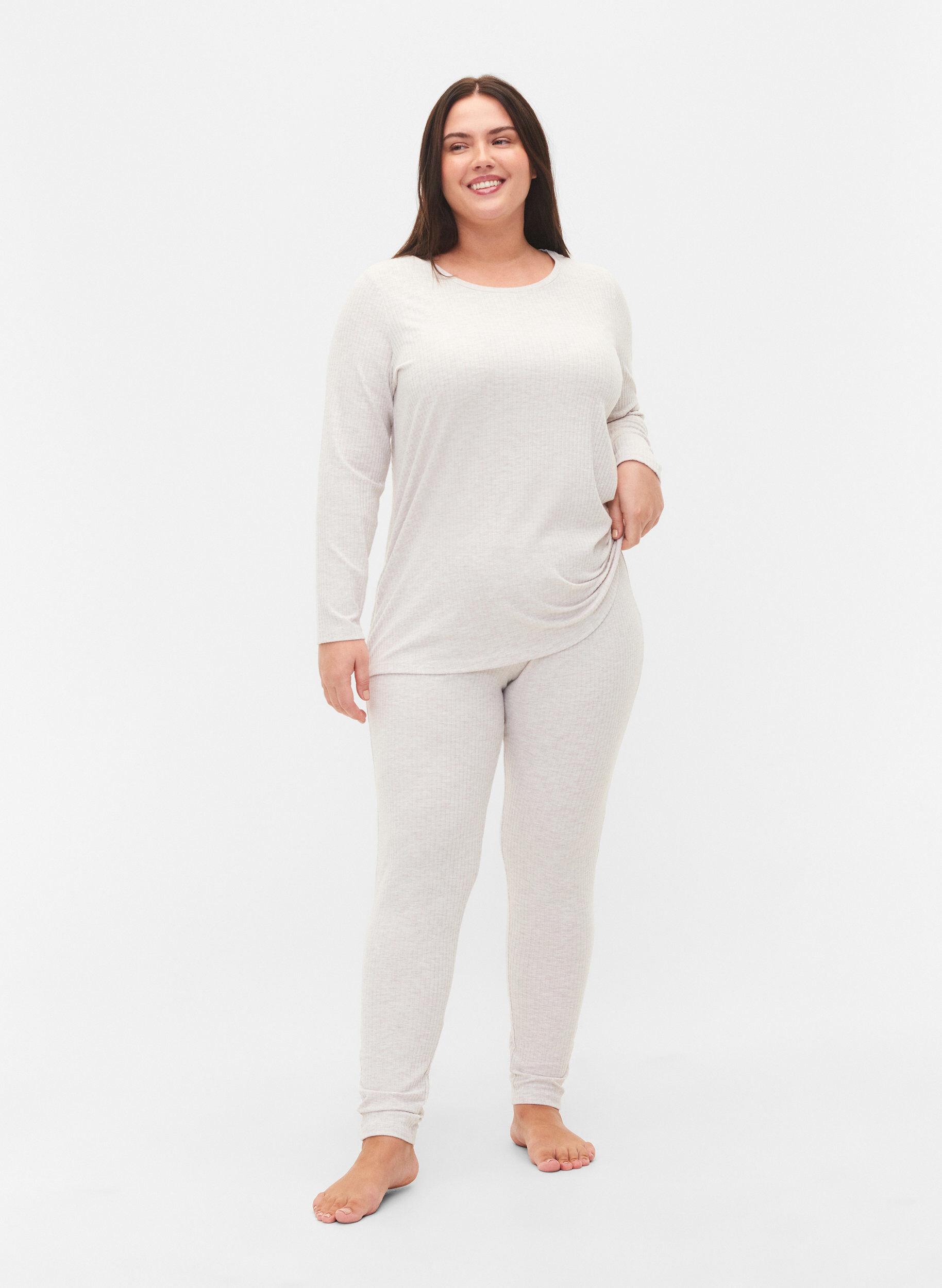 Zizzifashion Tight-fitting trousers in rib, Natural M&eacute;lange, Model image number 0