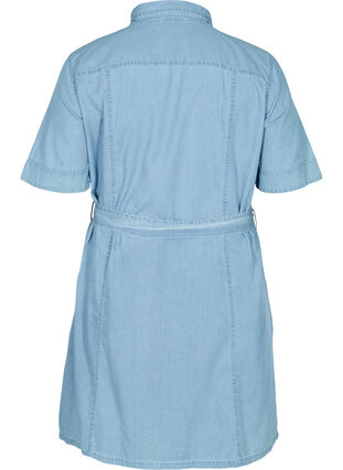Short-sleeved denim shirt dress with a belt, Light blue denim, Packshot image number 1