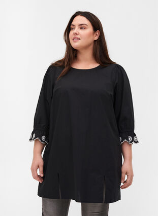 Long cotton blouse with 3/4 sleeves, Black, Model image number 0