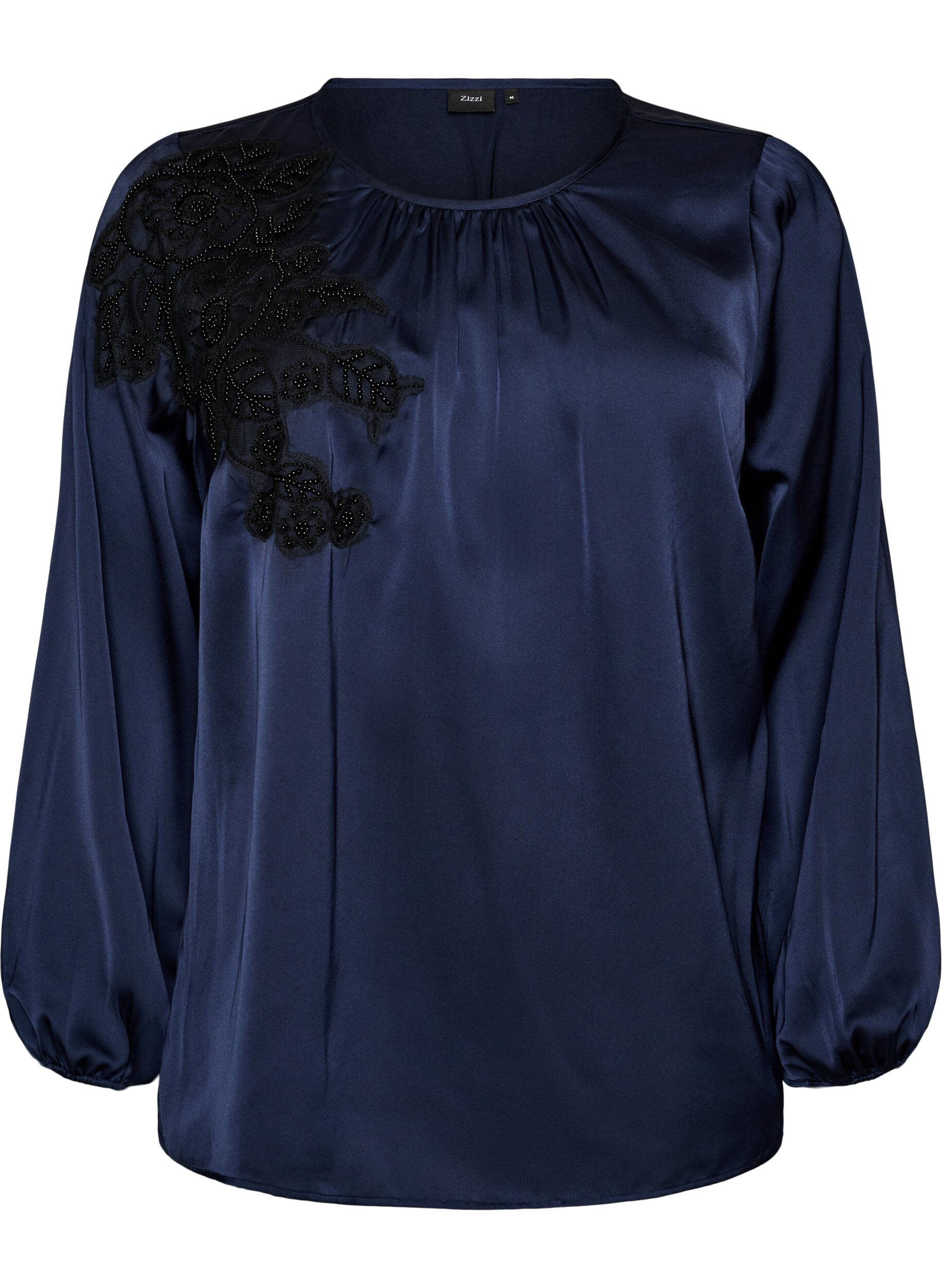 ZizzifashionSatin blouse with lace appliqu&eacute; and pearls, Blue, Packshot image number 0