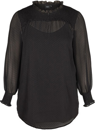 High neck blouse with smocking and ruffle detailing, Black, Packshot image number 0