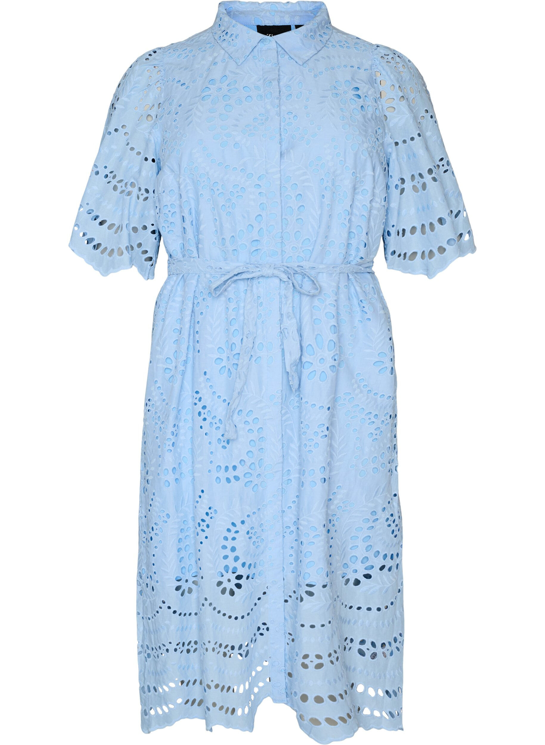 Shirt dress in broderie anglaise with a tie-belt