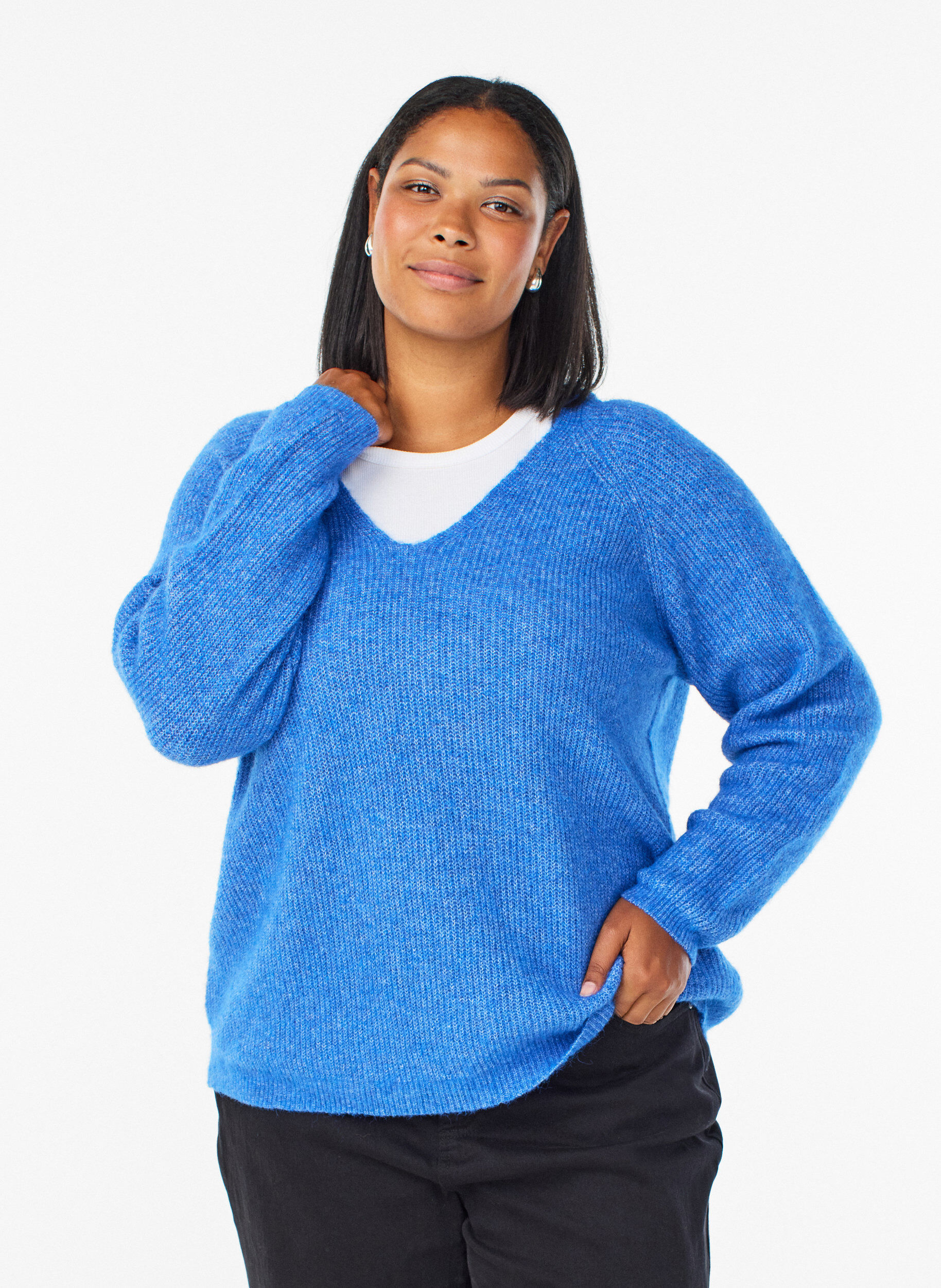 ZizzifashionKnitted blouse with V-neck and raglan sleeves, Blue, Model image number 0