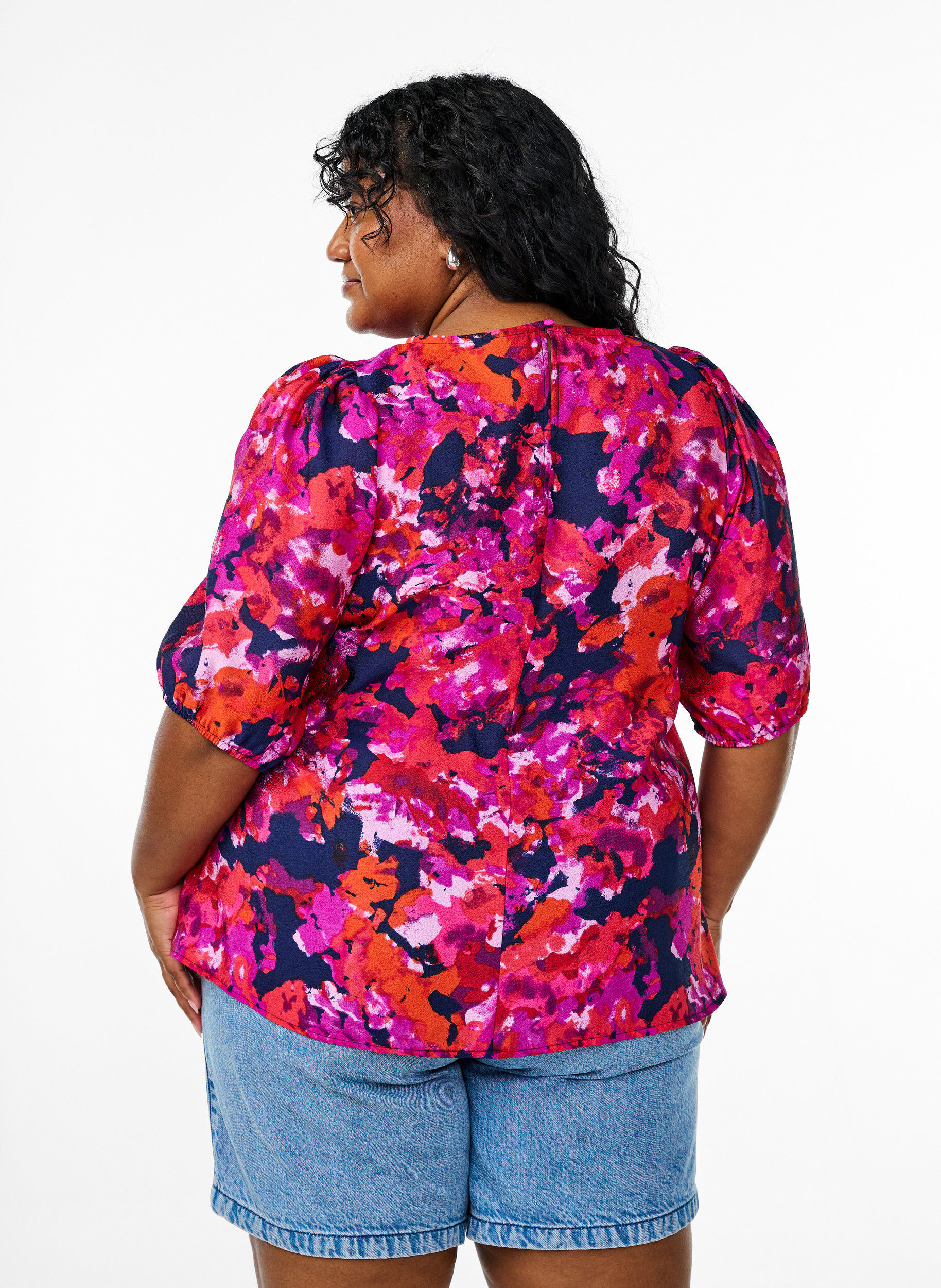 Zizzifashion Blouse with 1/2 sleeves and a colourful print, Pink, Model image number 2