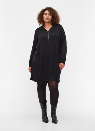 Long-sleeved dress with collar and zip, Black, Model image number 2