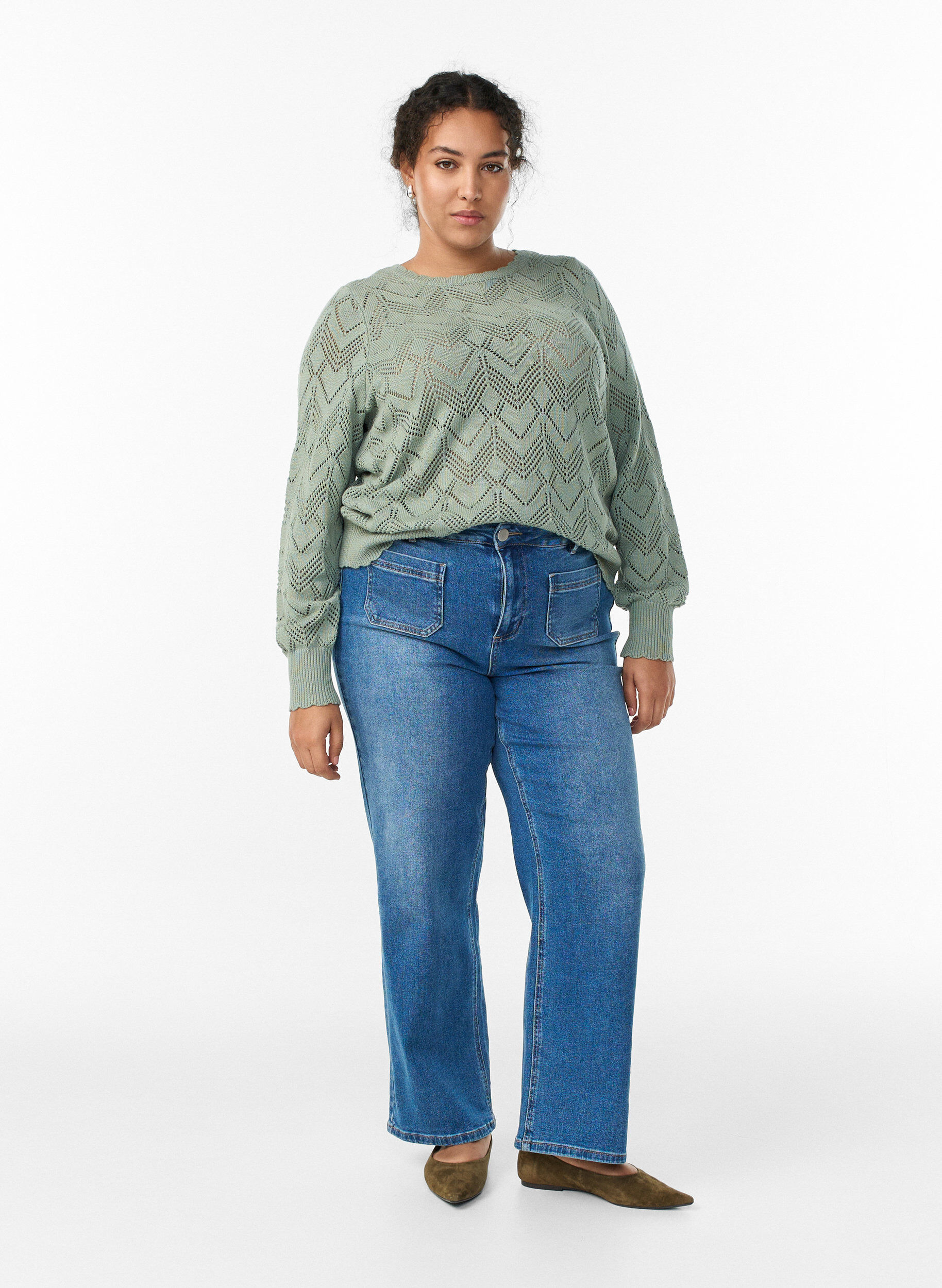 Zizzifashion Patterned knit blouse with wavy edge and round neckline, Green, Model image number 1