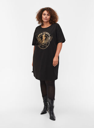 T-shirt dress in cotton with print details, Black w. Gold, Model image number 2