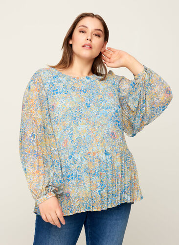 Plisse blouse with floral print, Light Blue Multi AOP, Model image number 0