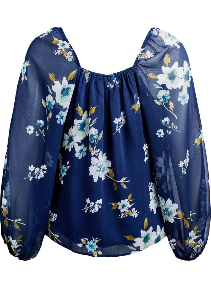 Chiffon blouse with floral print and long sleeves, Blue, Packshot image number 1