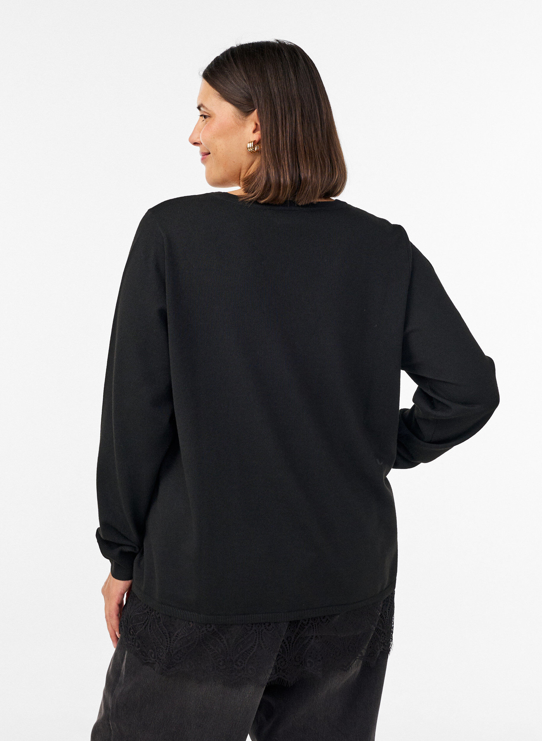 ZizzifashionKnitted blouse with V-neck and lace trim, Black, Model image number 2
