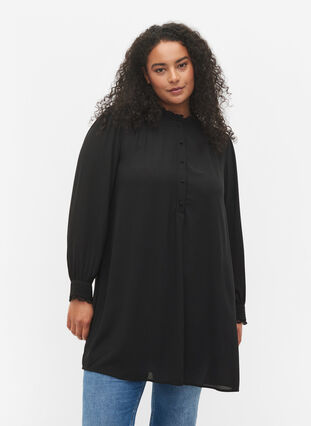 Tunic with ruffle collar and long sleeves, Black, Model image number 0