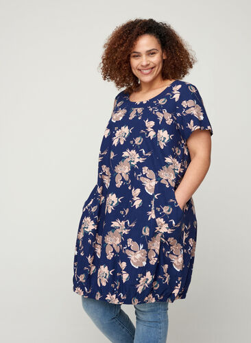 Short-sleeved, printed cotton dress, Blue Flower , Model image number 0