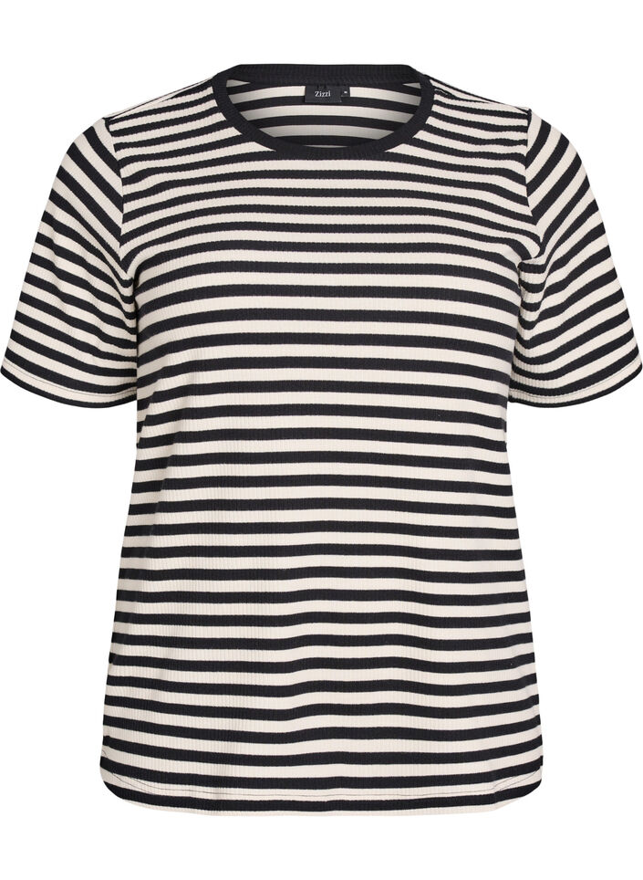 Striped T-shirt with ribbed texture, Black, Packshot image number 0