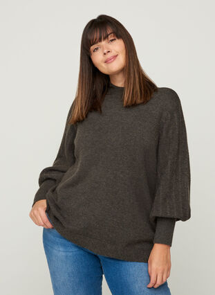 Knitted top with patterned balloon sleeves, Dark Grey Melange, Model image number 0