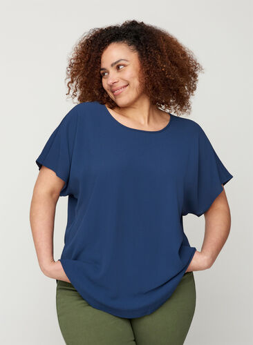 Blouse with short sleeves and a round neckline, Mood Indigo, Model image number 0