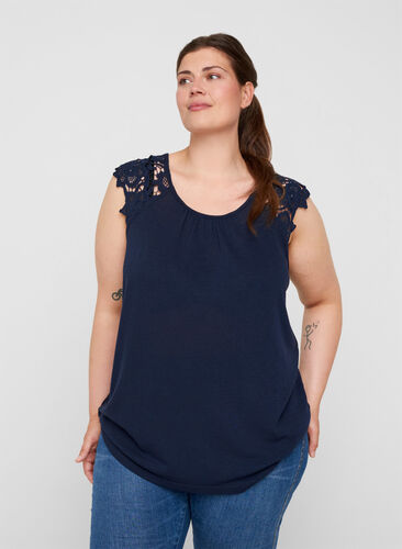 Plain-coloured top with lace sleeves, Navy Blazer, Model image number 0