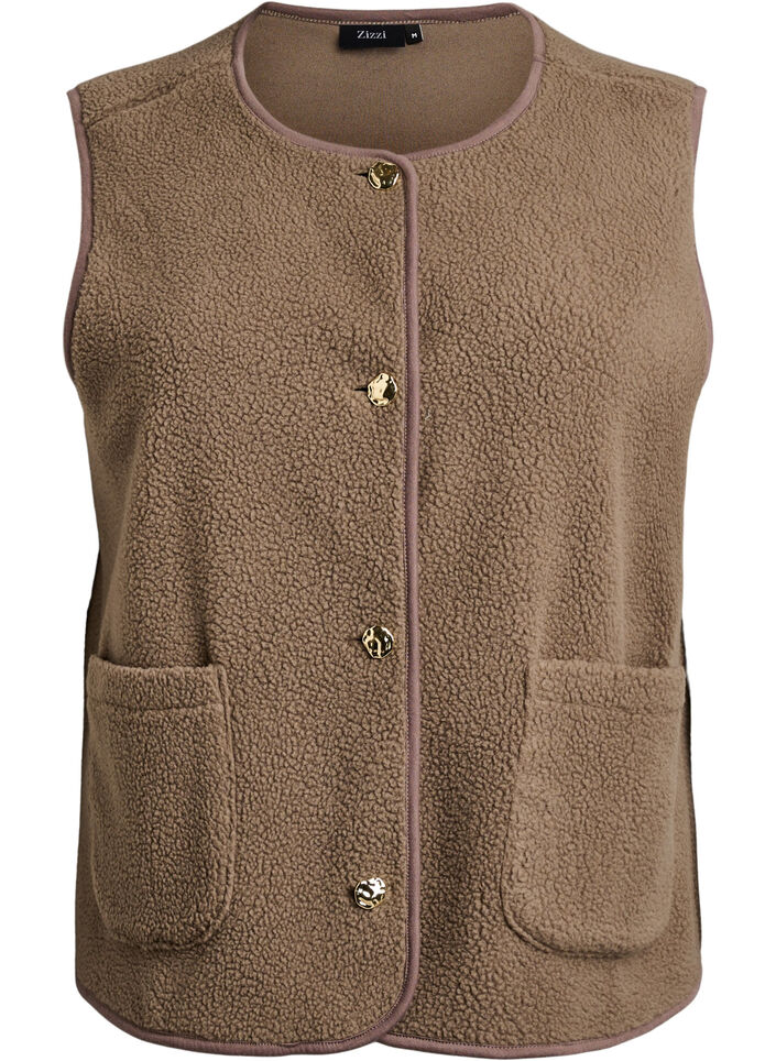 Teddy gilet with buttons and pockets, Brown, Packshot image number 0