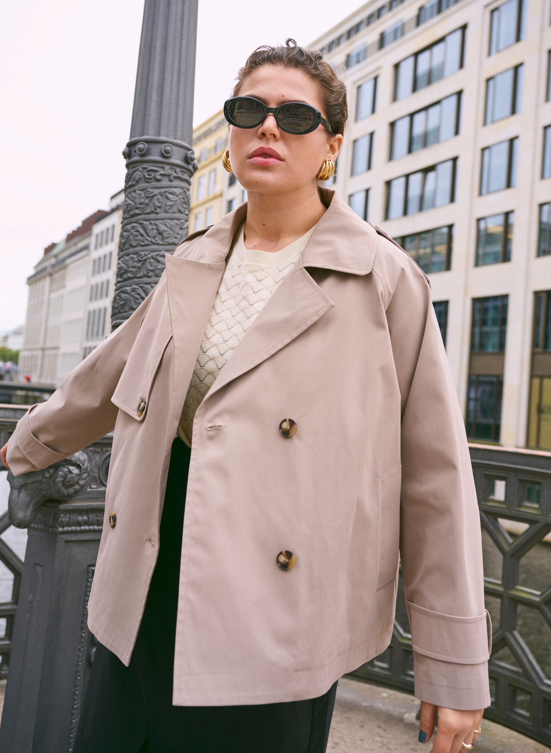 Zizzifashion Short trench coat with classic details, Grey, Image image number 0