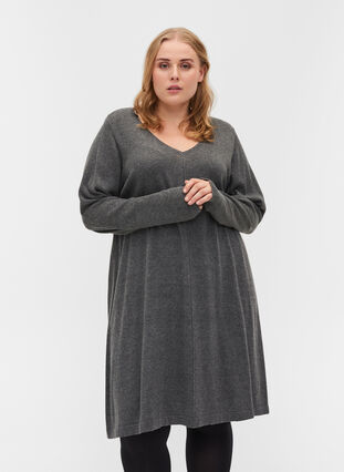 Plain V-neck knitted dress, Dark Grey Melange, Model image number 0