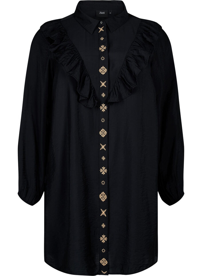 Shirt dress with ruffles and embroidery, Black, Packshot image number 0