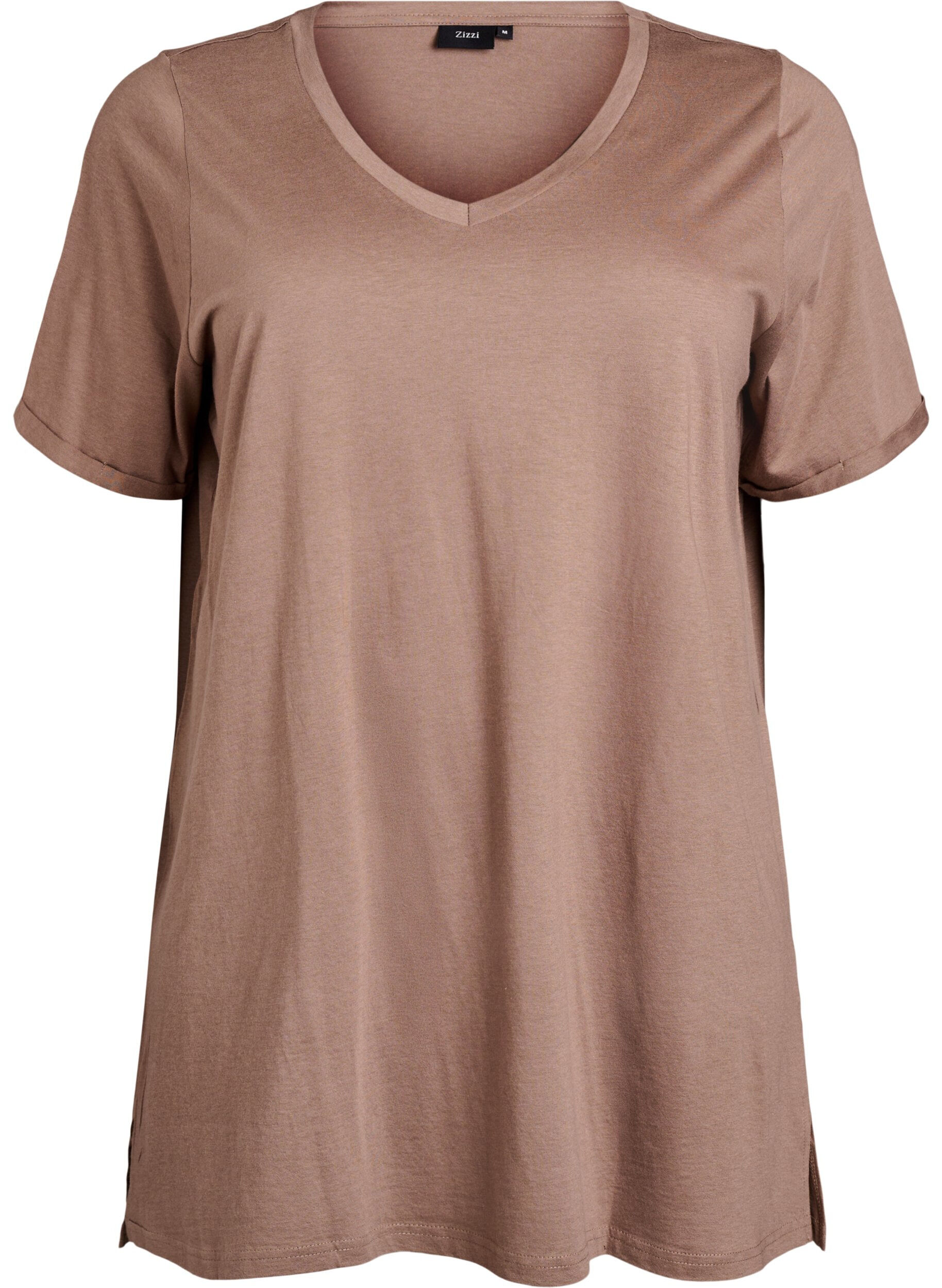 Zizzifashion Single colour oversized t-shirt with v-neck, Brown, Packshot image number 0