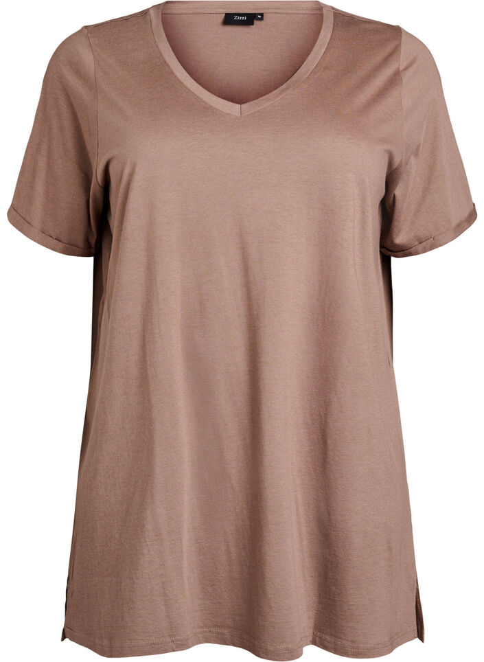 Single colour oversized t-shirt with v-neck, Brown, Packshot image number 0