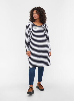Striped cotton dress with long sleeves , NS w. White Thin, Model image number 3