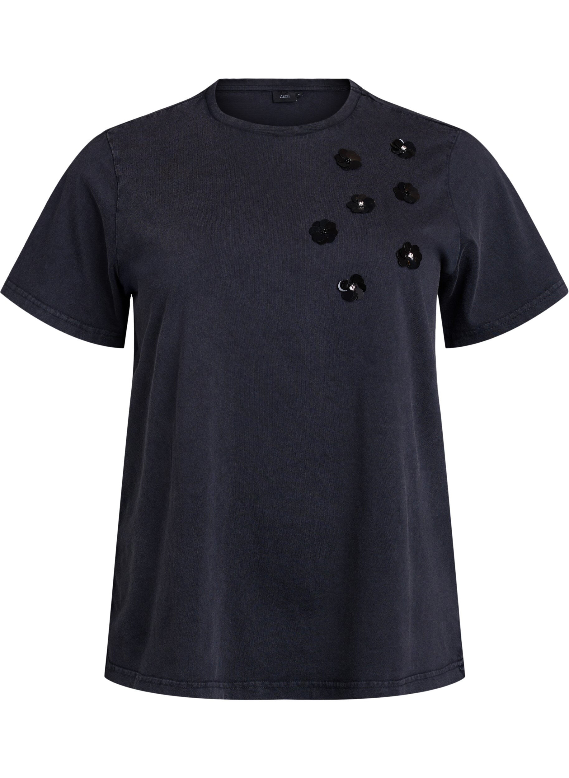 Washed T-shirt with sequin flowers