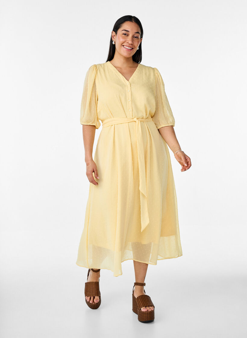 V-neck midi dress with tie fastening, Yellow, Model image number 0