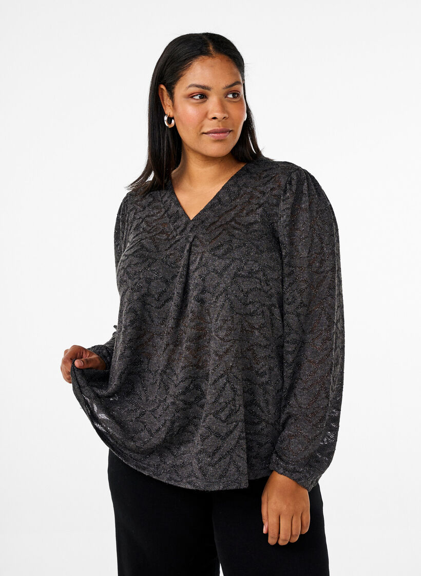 Long-sleeved blouse with glitter and pattern, Grey, Model image number 0