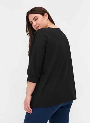 Blouse with 3/4 sleeves and pleated folds, Black, Model image number 1