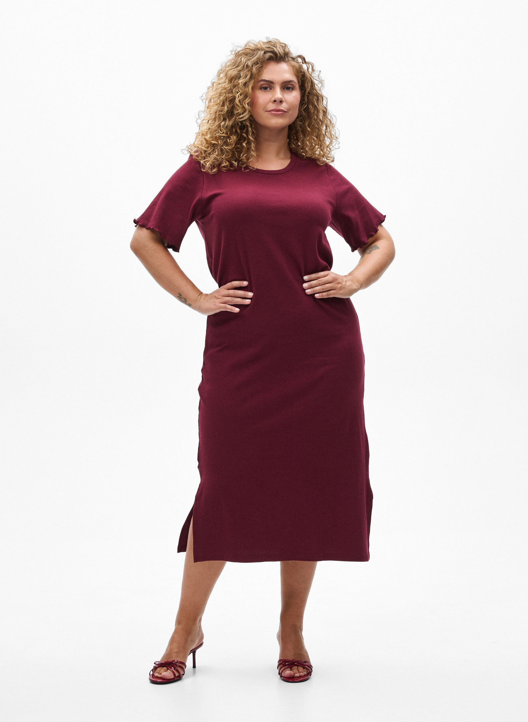 Zizzifashion Maxi dress in jersey with short sleeves, Dark Bordeaux, Model image number 0