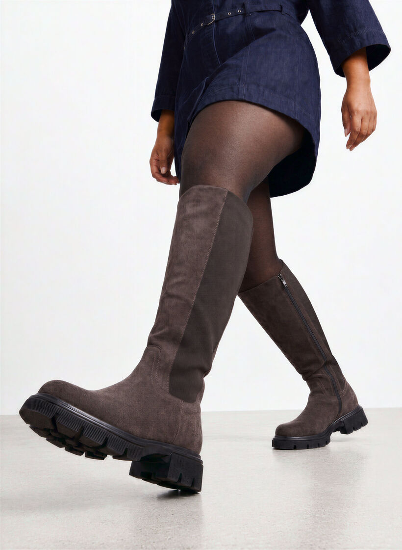 Tall boot in faux suede with ribbed panels, Brown, Image image number 0