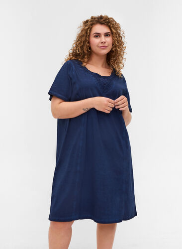 Dress with lace details and short sleeves, Blue Washed , Model image number 0