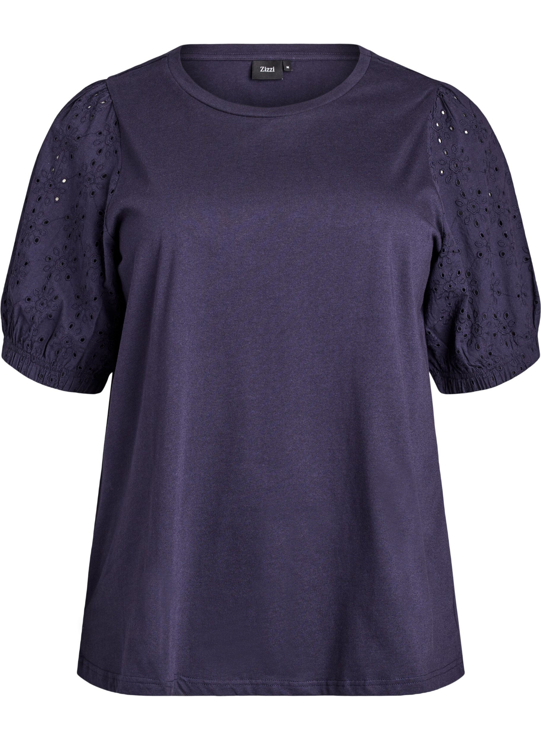 Zizzifashion T-shirt with broderie anglaise sleeves, Blue, Packshot image number 0